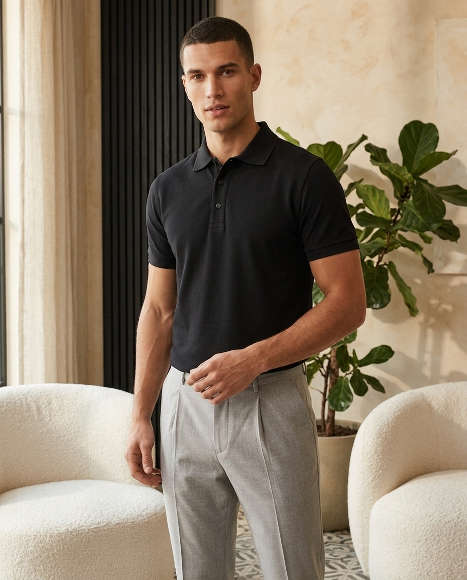 Model in de zwarte Pique Core Polo met een lichtgrijze pantalon