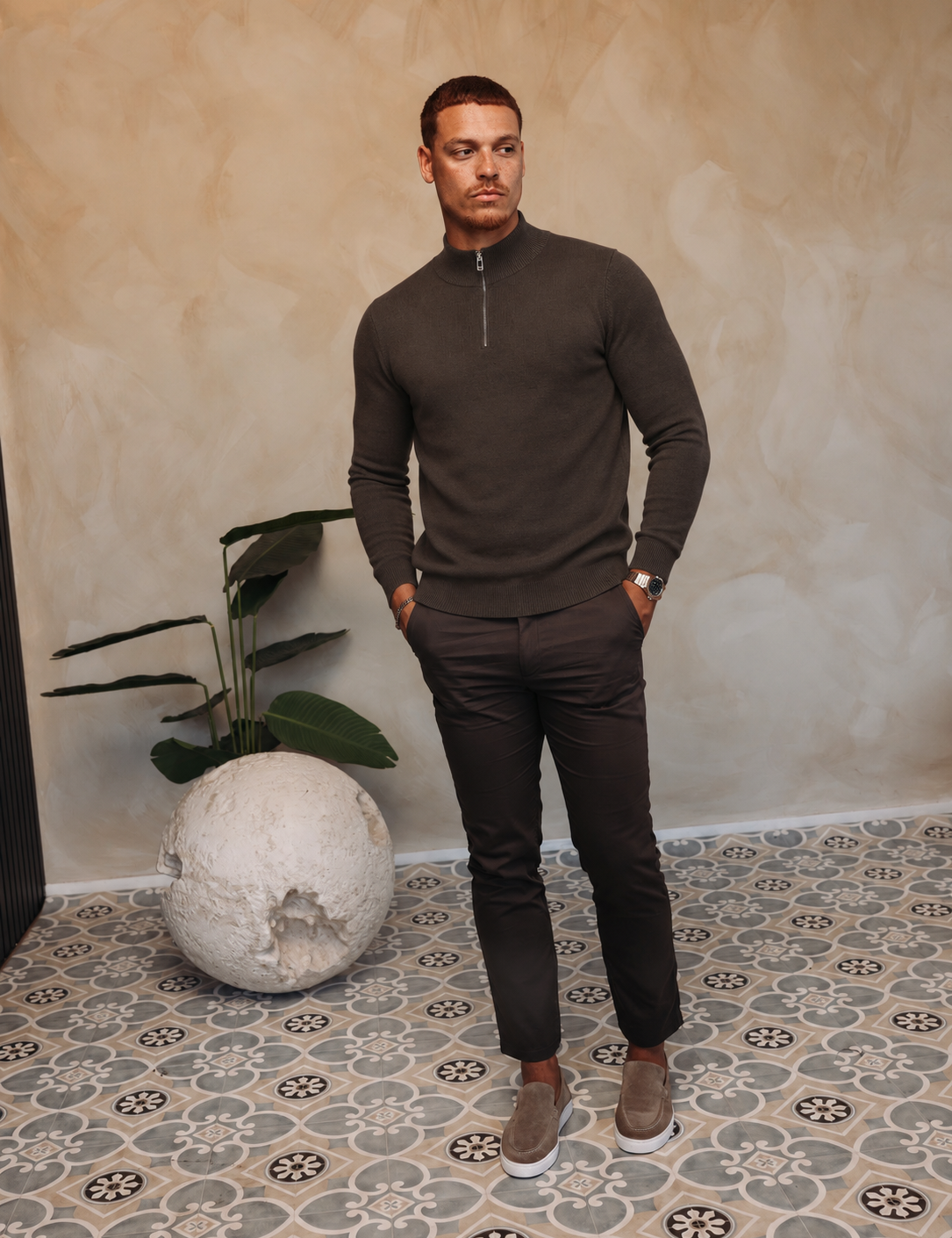 HALF ZIP KNIT | DARK BROWN — lifestylefoto