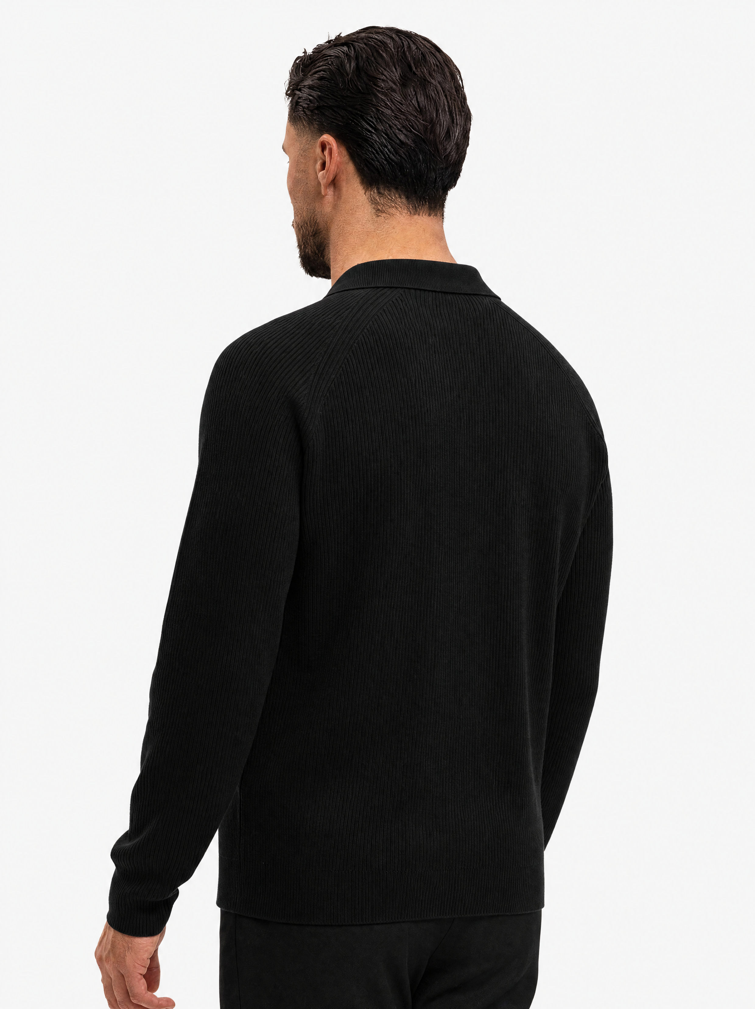 Ribbed Knit Polo Black - schuin achterkant