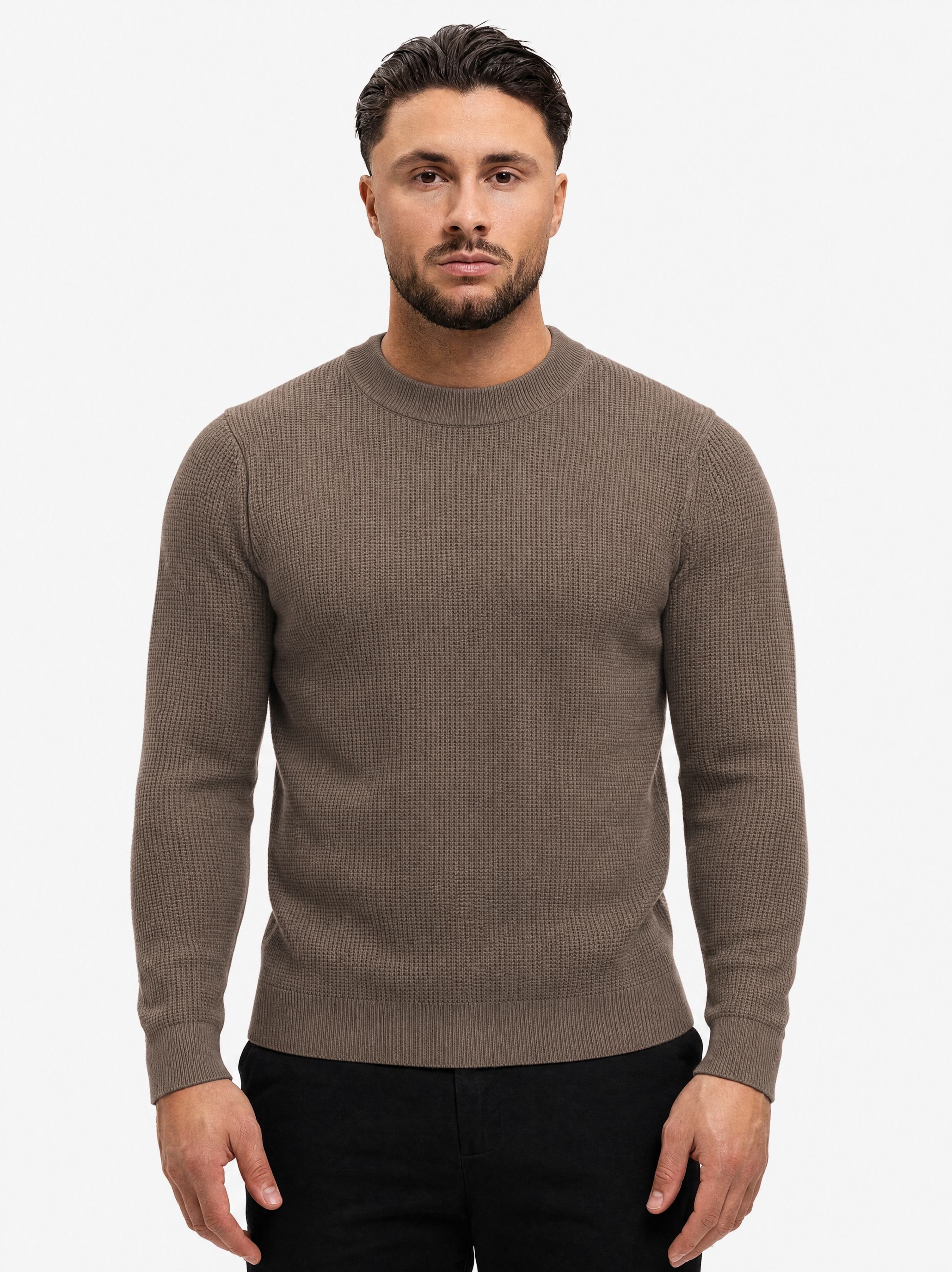 Waffle Knit Sweater Taupe - schuin voorkant