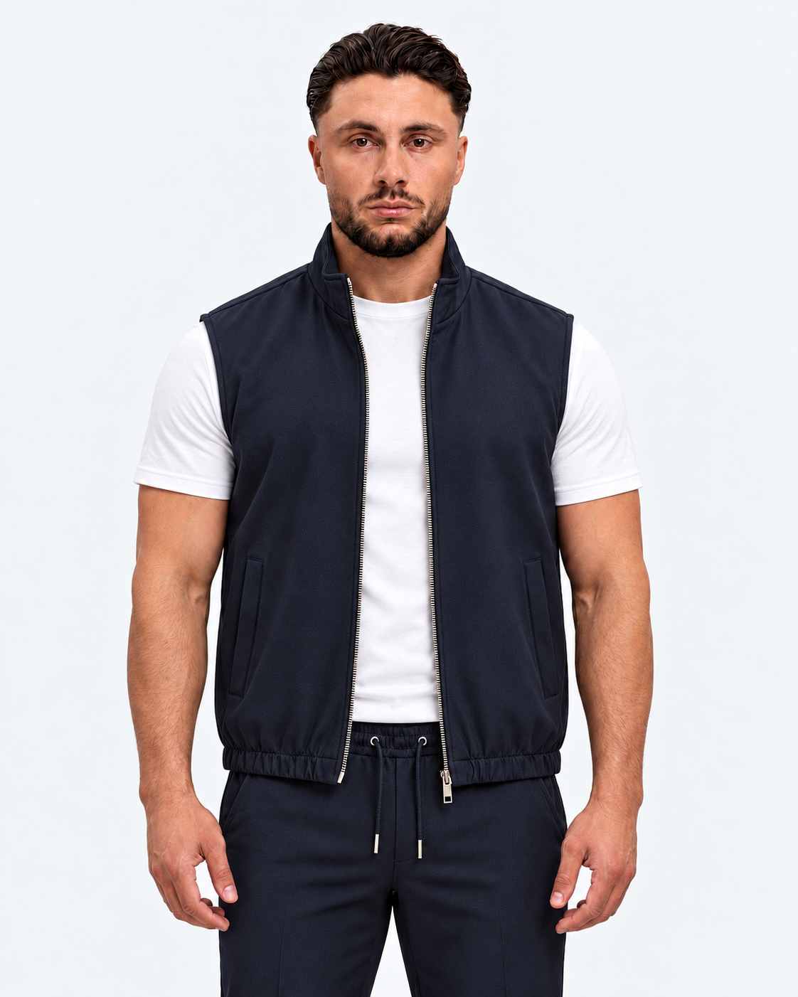 MONZA bodywarmer marineblauw – voorkant, complete set met bijpassende pants (studio)