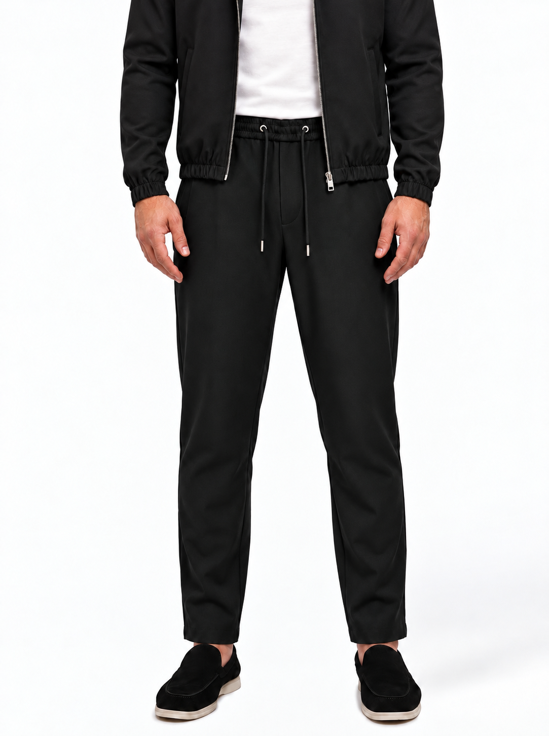 MONZA pants zwart – voorkant, complete set met bijpassende jacket (studio)