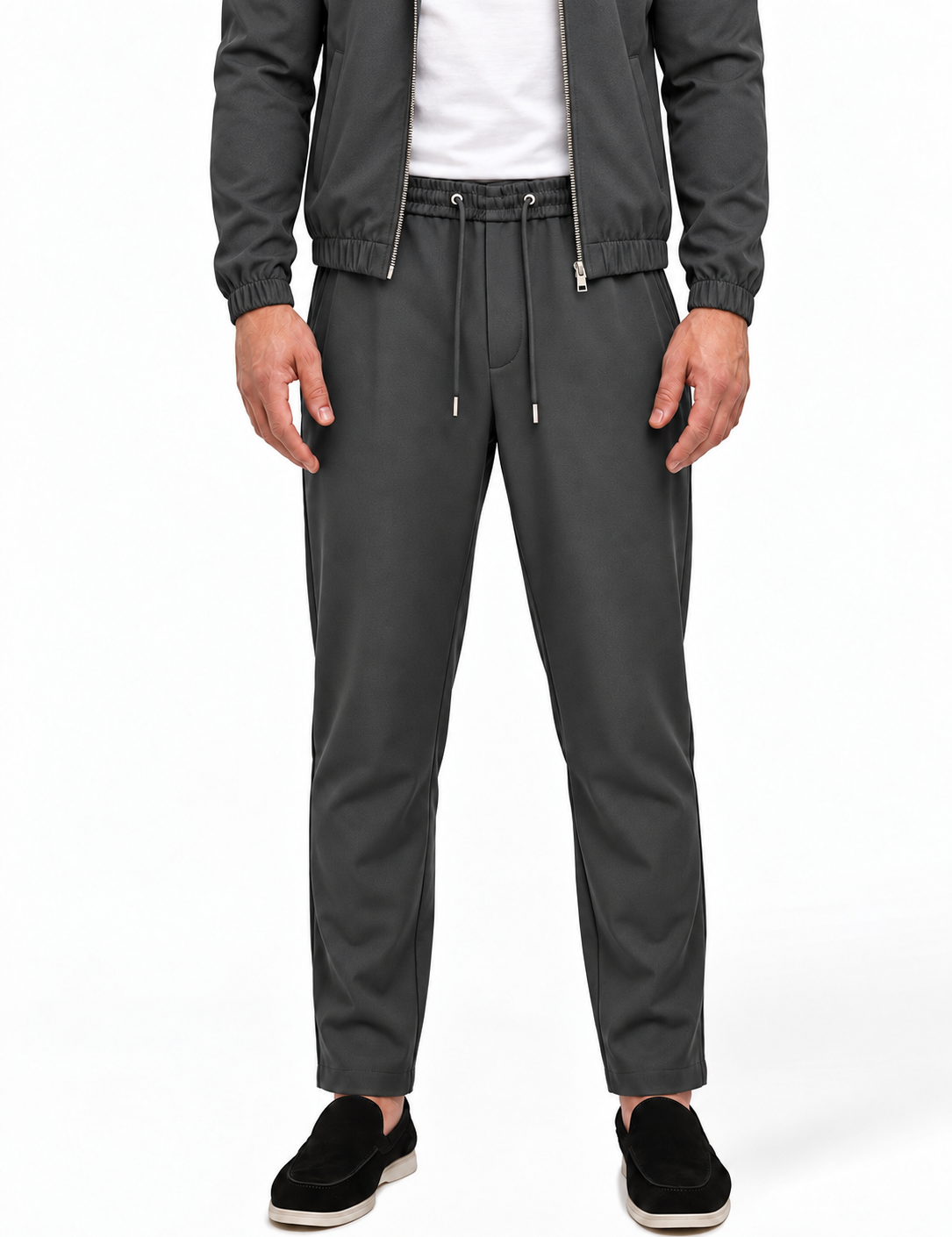MONZA pants grijs – voorkant, complete set met bijpassende jacket (studio)