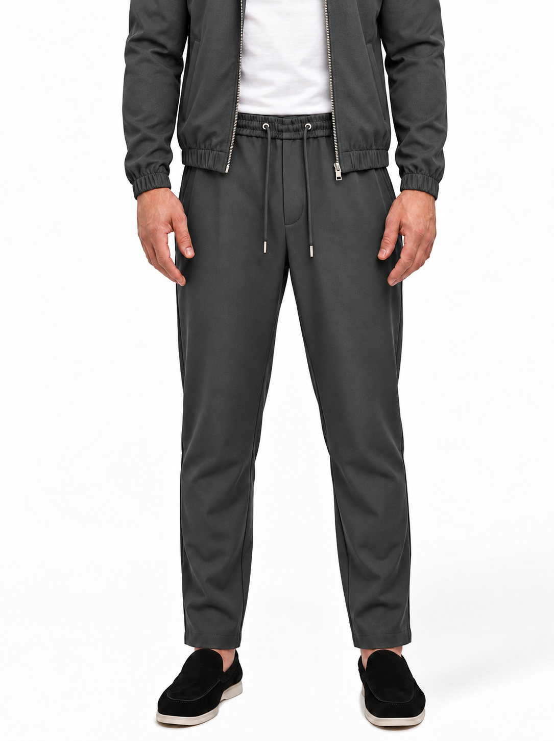 MONZA pants grijs – voorkant, complete set met bijpassende jacket (studio)