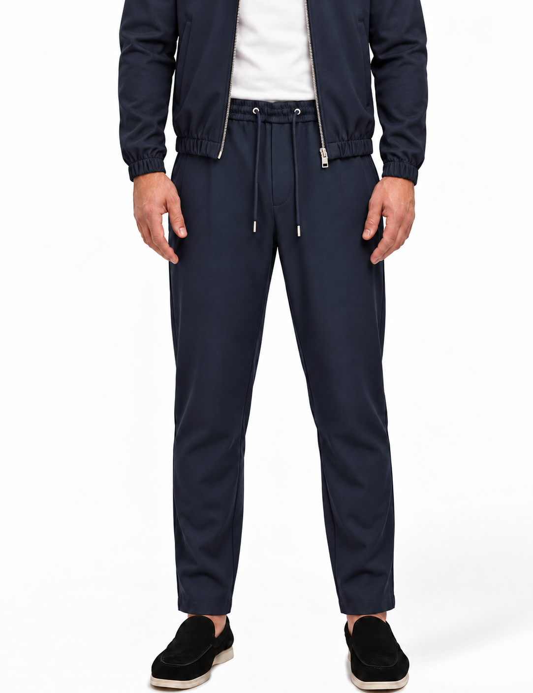 MONZA pants marineblauw – voorkant, complete set met bijpassende jacket (studio)